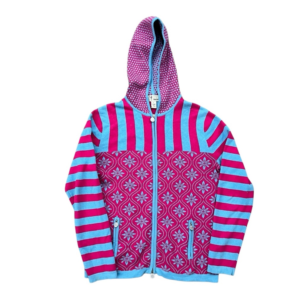 Neve Designs - Y2K Full Zip Colorful Ski Sweater Nordic Hoodie - Pink - Large